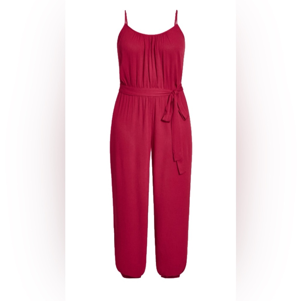 City Chic Spaghetti Strap Tie Waist Jumpsuit | 22W | Raspberry Red